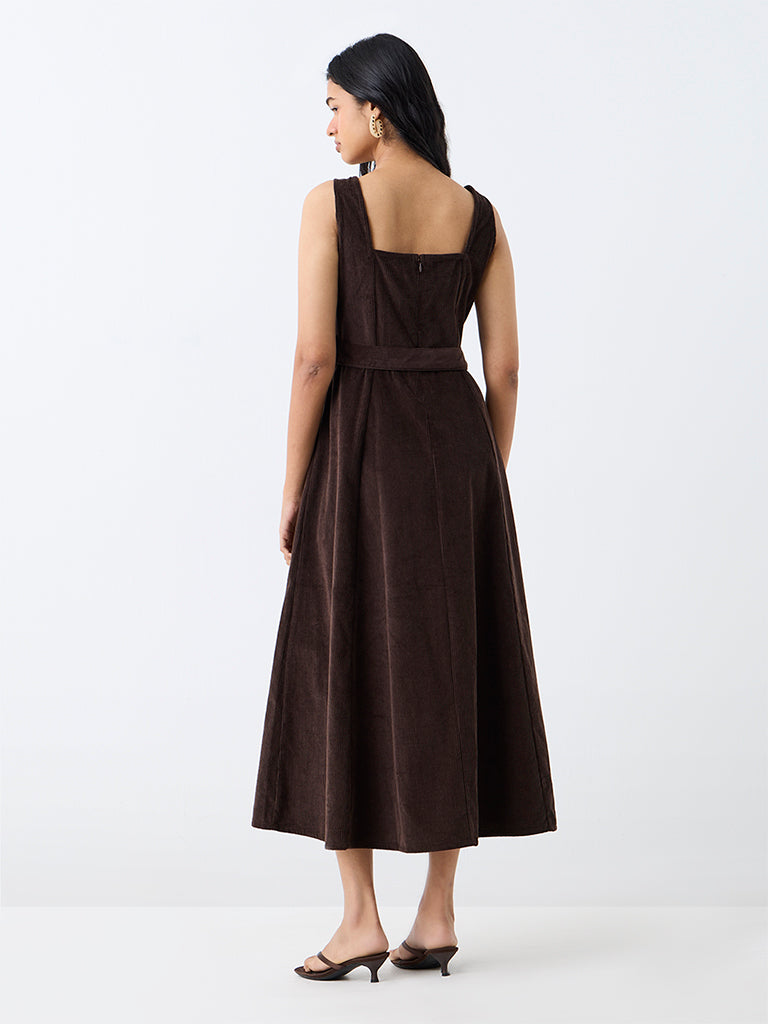 LOV Dark Brown Corduroy Cotton A-Line Dress with Belt