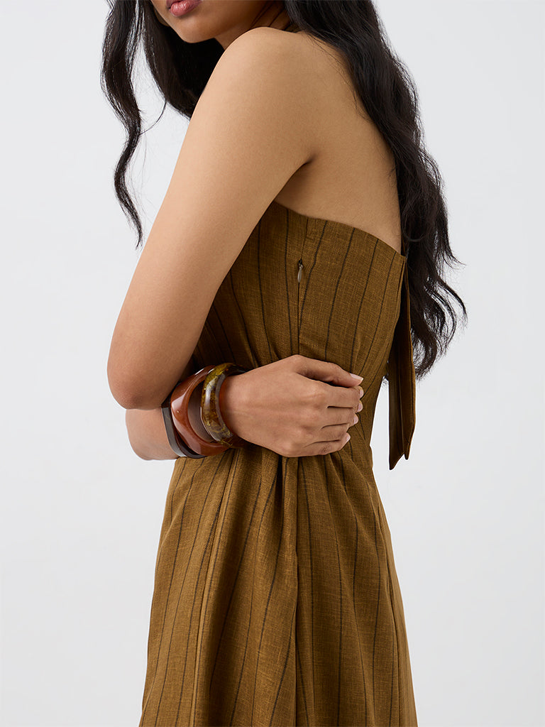 LOV Dark Mustard Striped Linen-Blend A-Line Dress