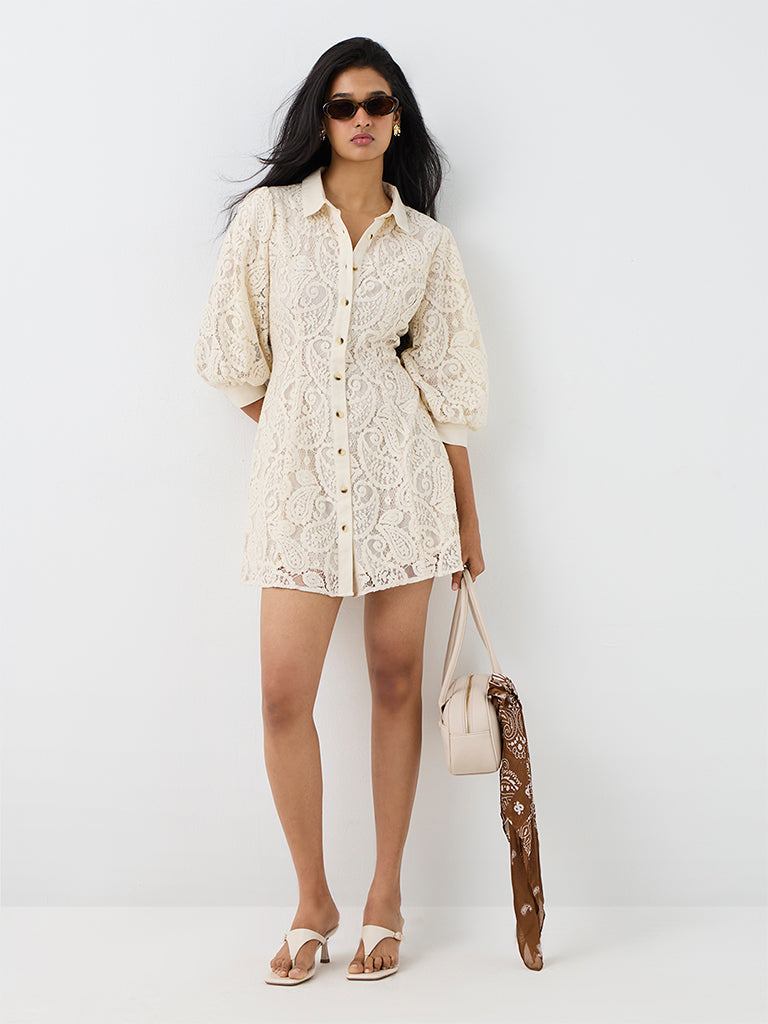 LOV Off-White Paisley Laced Linen Shirt Dress