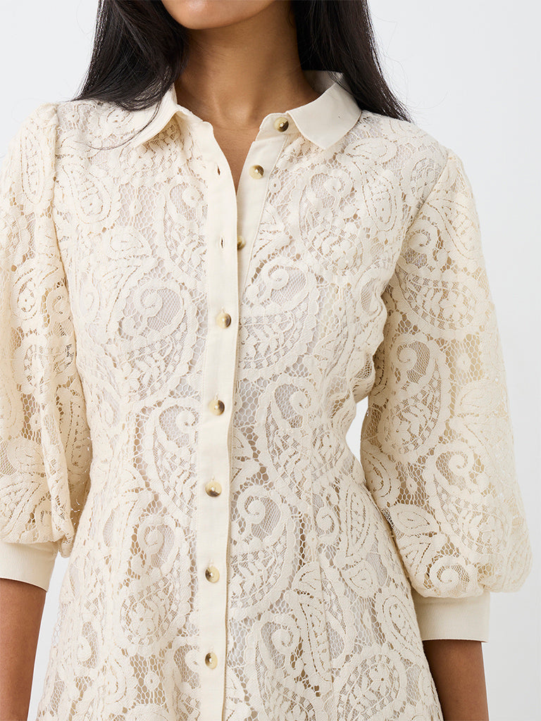 LOV Off-White Paisley Laced Linen Shirt Dress
