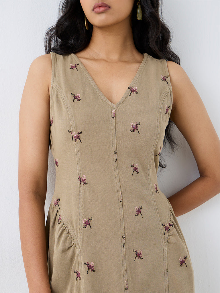 LOV Khaki Floral Embroidered A-Line Denim Dress