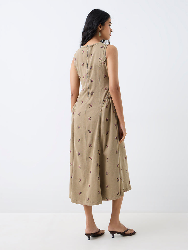 LOV Khaki Floral Embroidered A-Line Denim Dress