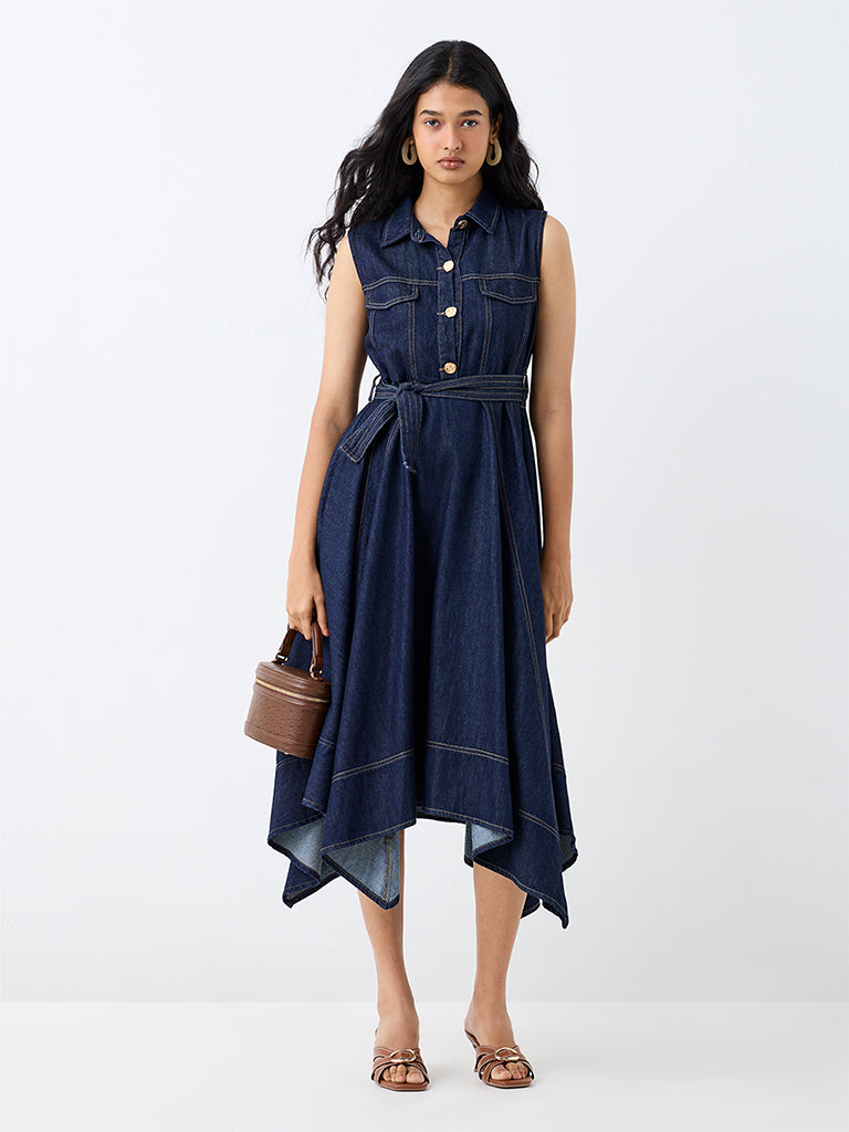 LOV Dark Blue Asymmetrical Denim Dress with Belt