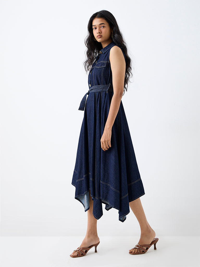 LOV Dark Blue Asymmetrical Denim Dress with Belt