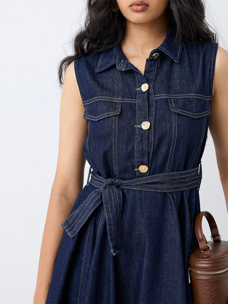 LOV Dark Blue Asymmetrical Denim Dress with Belt