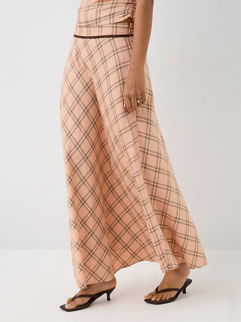 LOV Peach Plaid Checkered High-Rise Cotton Skirt