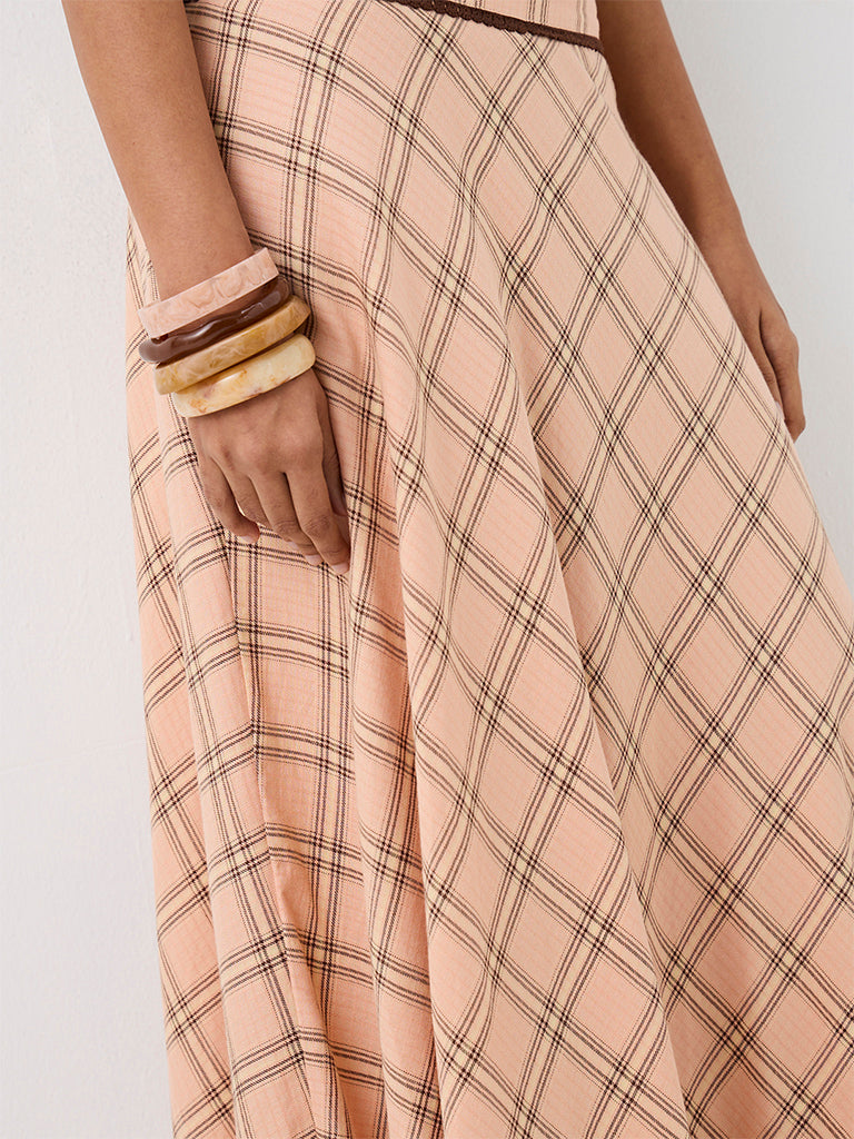 LOV Peach Plaid Checkered High-Rise Cotton Skirt