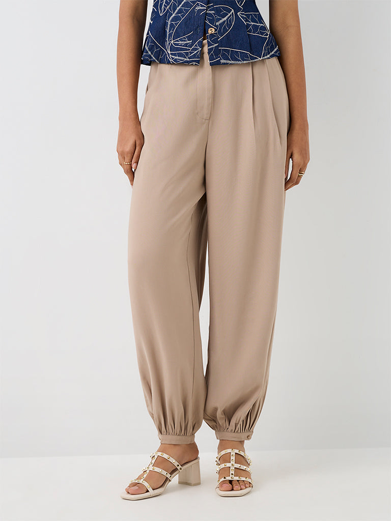 LOV Light Taupe High-Rise Harem Cotton Pants