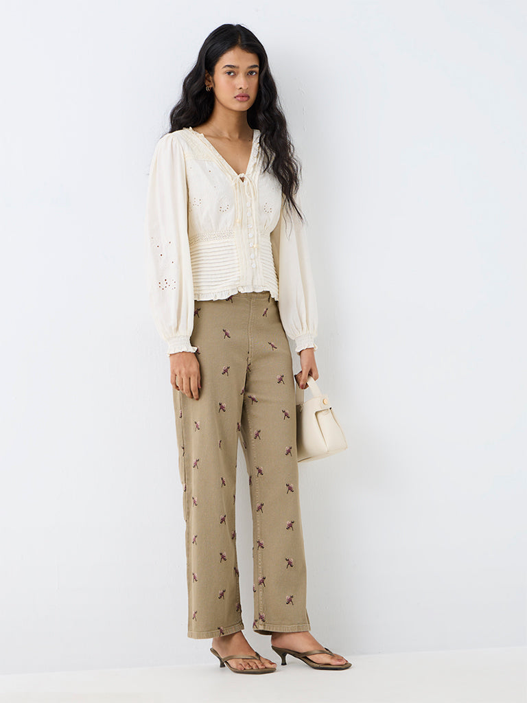 LOV Khaki High-Waist Jeans with Floral Embroidery