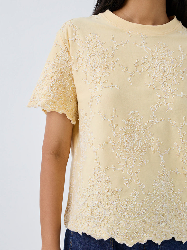LOV Light Yellow Floral Embroidered Cotton T-Shirt