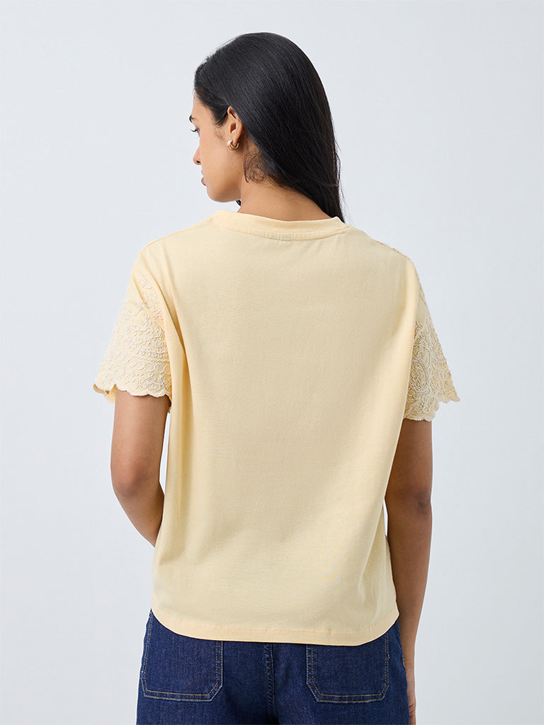 LOV Light Yellow Floral Embroidered Cotton T-Shirt
