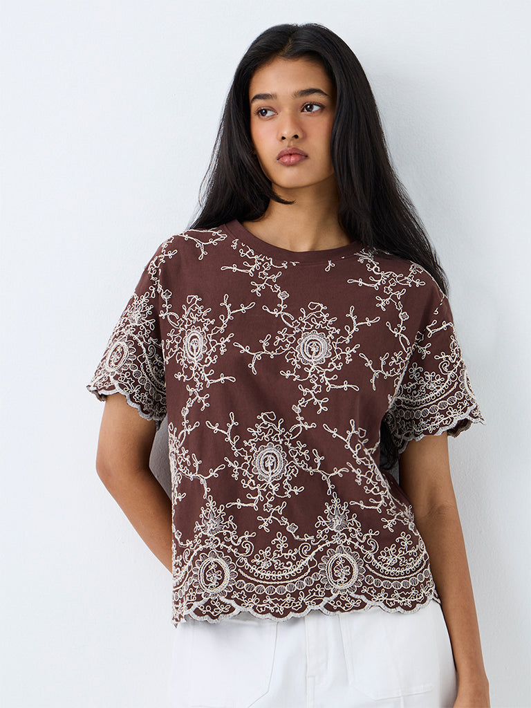 LOV Dark Brown Floral Embroidered Cotton T-Shirt