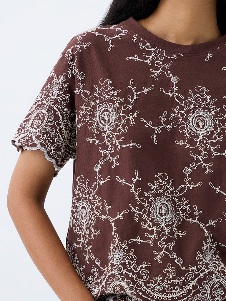 LOV Dark Brown Floral Embroidered Cotton T-Shirt