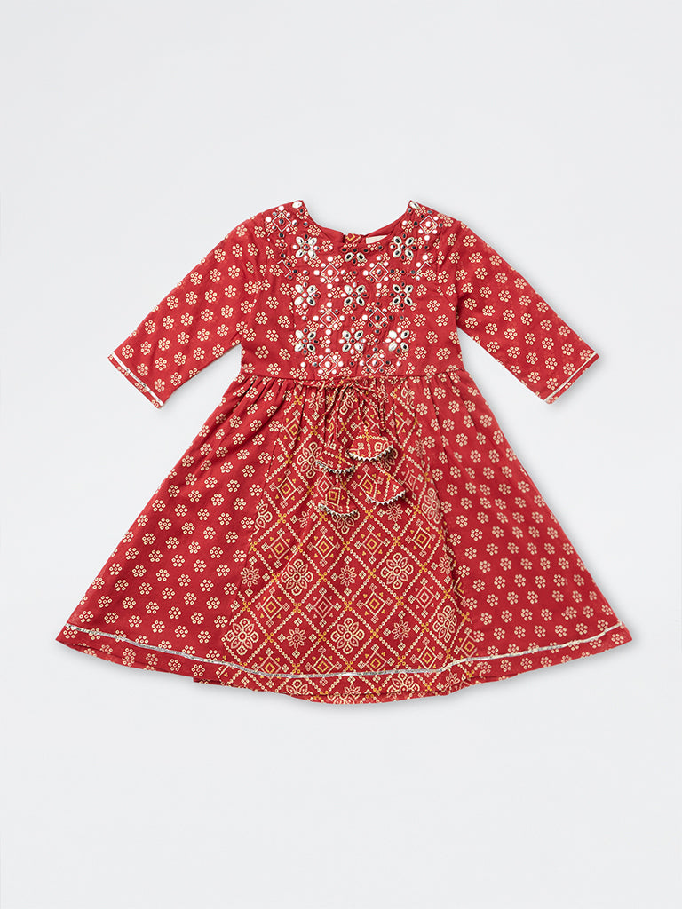 Utsa Kids Girls Red Floral Bandhani Cotton A-Line Dress (2-8 years)