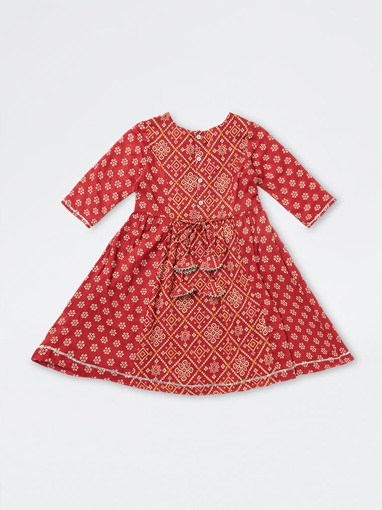 Utsa Kids Girls Red Floral Bandhani Cotton A-Line Dress (2-8 years)