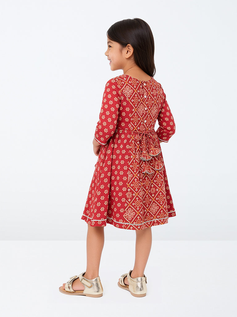 Utsa Kids Girls Red Floral Bandhani Cotton A-Line Dress (2-8 years)