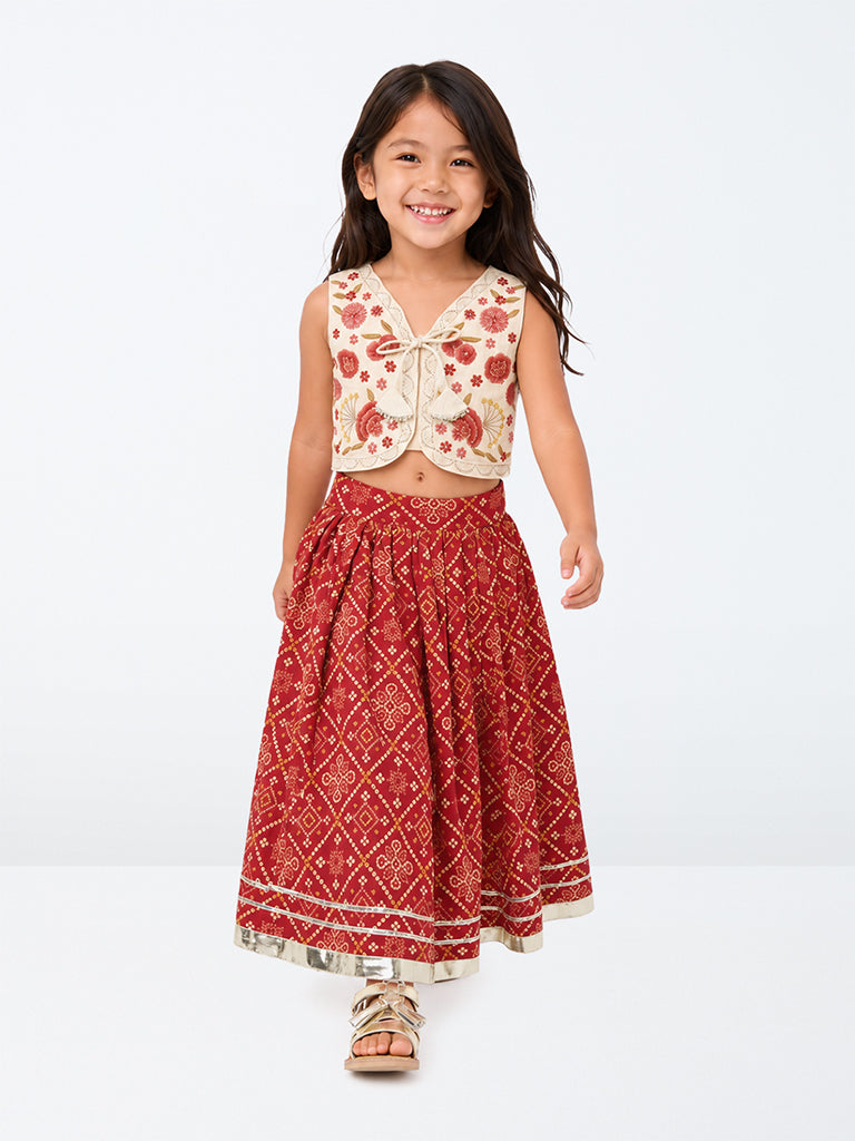 Utsa Kids Girls Off-White Floral Embroidered Cotton Jacket with Flared Skirt Set ( 2-8 yrs)