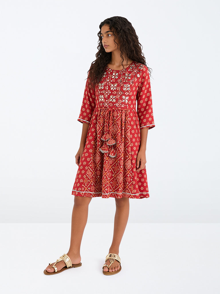 Utsa Kids Girls Red Floral Bandhani Cotton A-Line Dress (8-14 years)