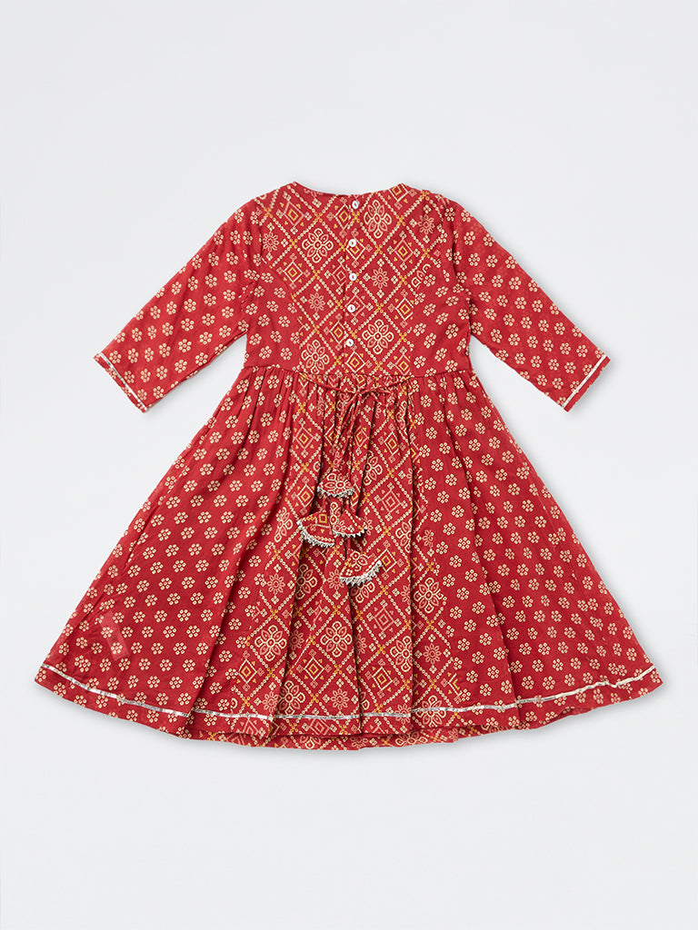 Utsa Kids Girls Red Floral Bandhani Cotton A-Line Dress (8-14 years)