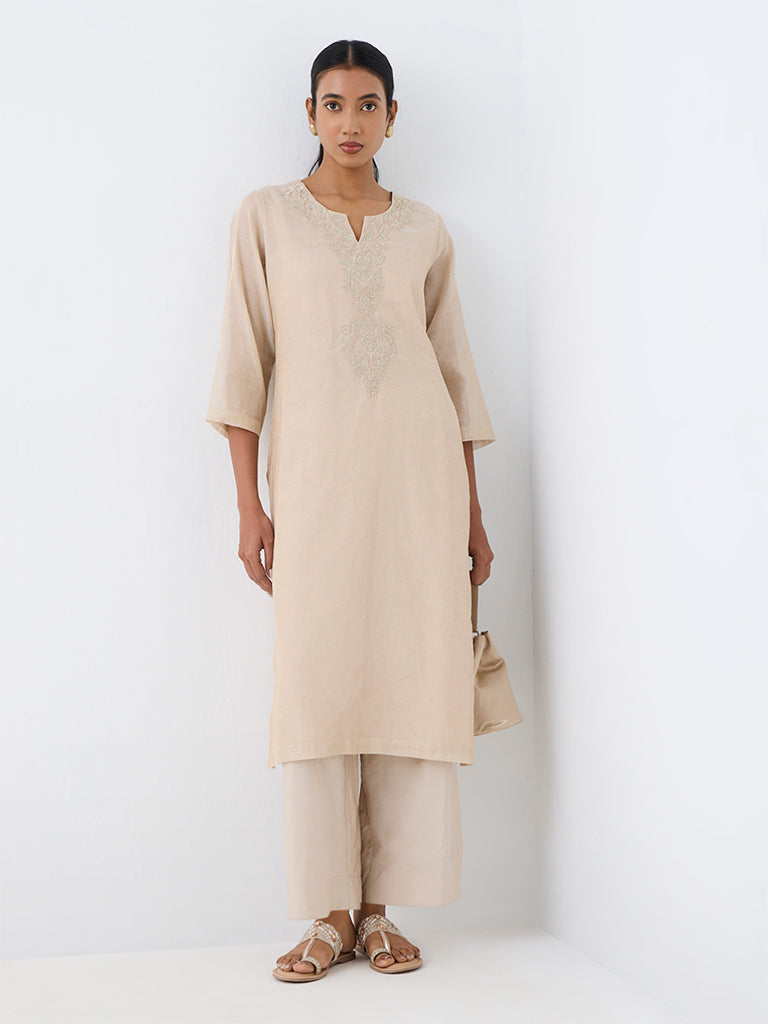 Zuba Light Beige Floral Embroidered Straight Kurta