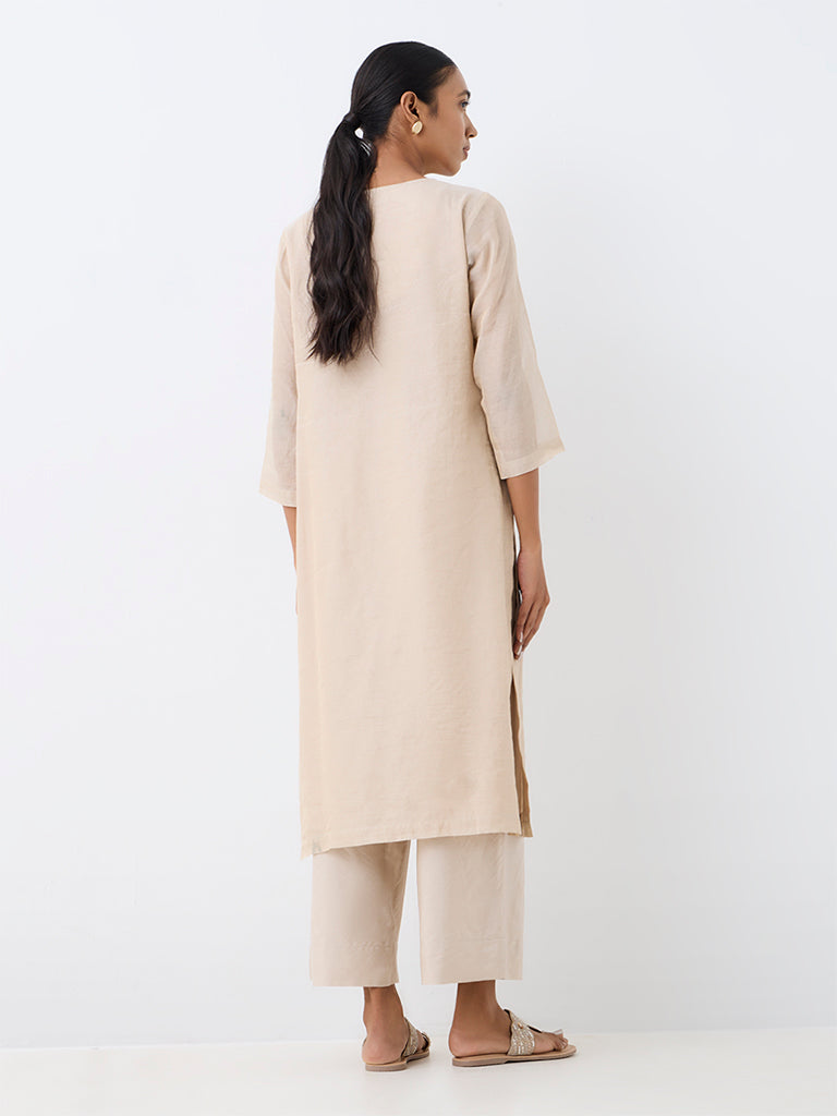 Zuba Light Beige Floral Embroidered Straight Kurta