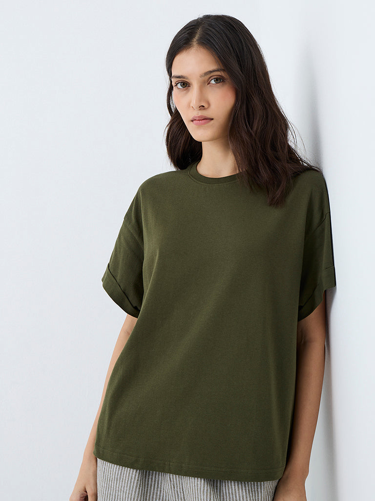 Wunderlove Dark Olive Solid Cotton T-Shirt