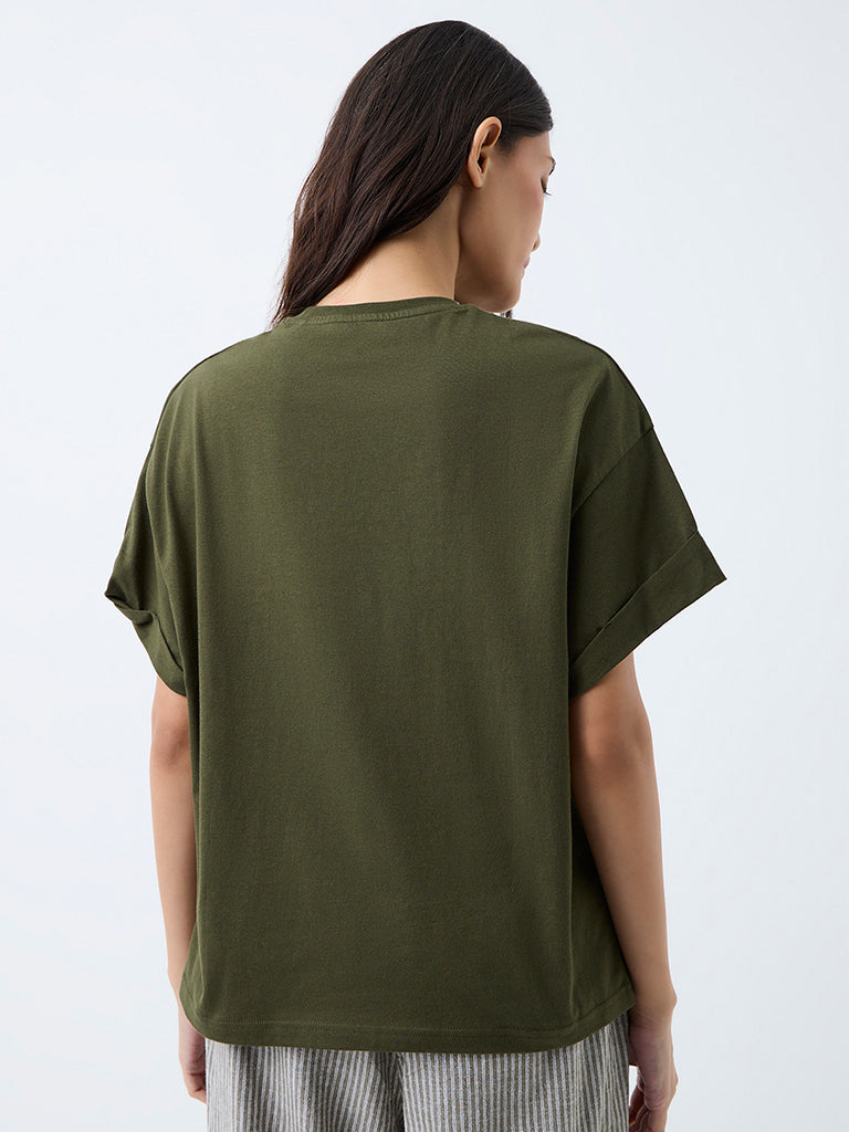 Wunderlove Dark Olive Solid Cotton T-Shirt