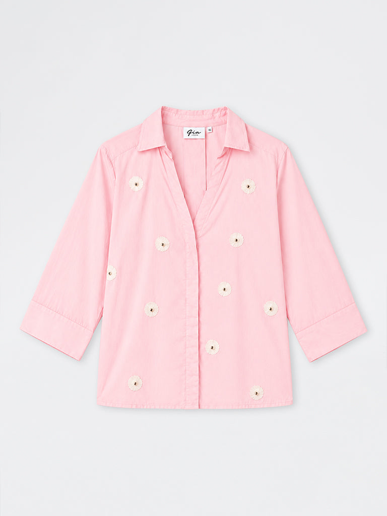 Gia Light Pink Floral Embroidered Cotton Shirt