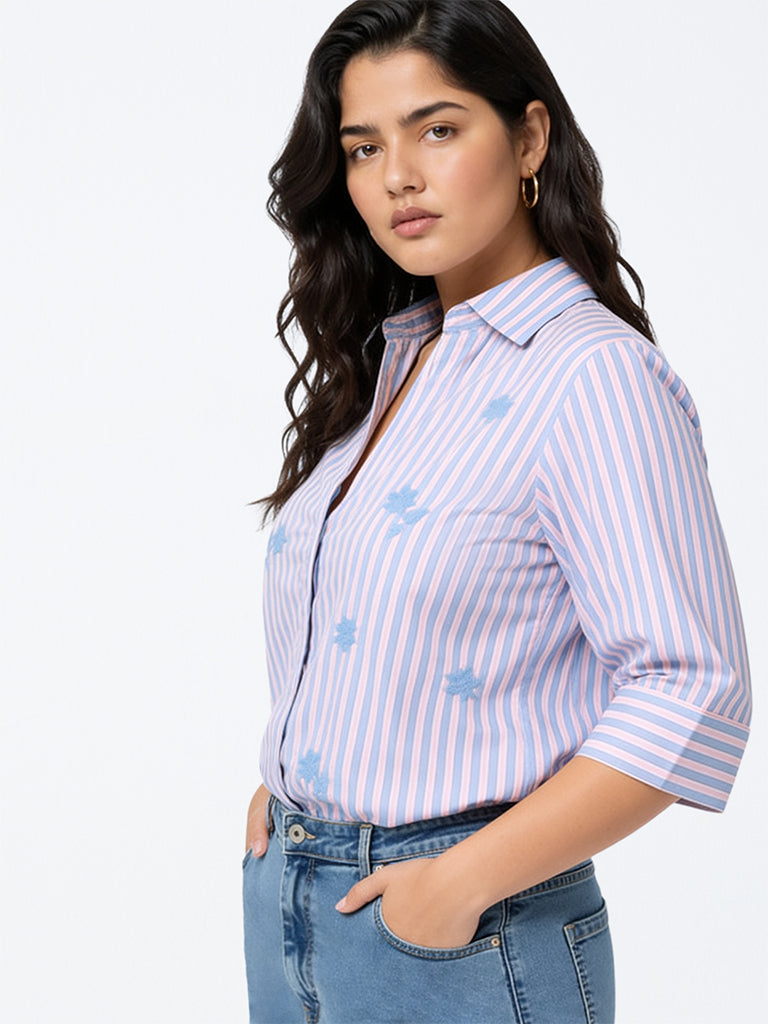 Gia Pink and Blue Striped Cotton-Blend Blouse