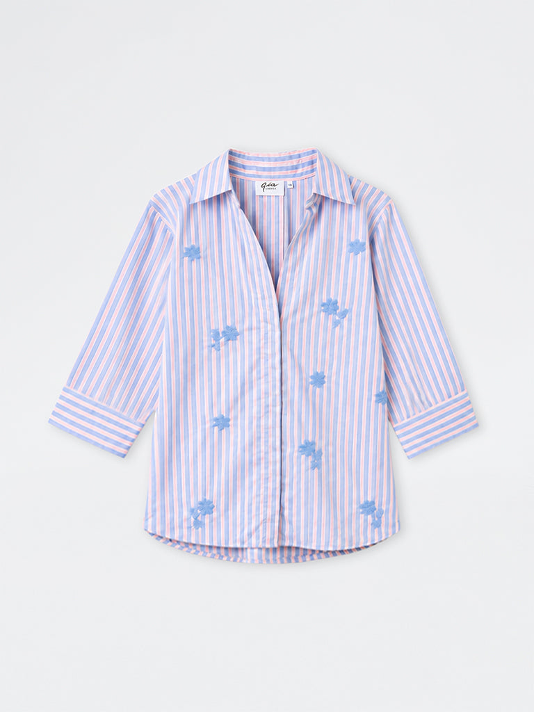 Gia Pink and Blue Striped Cotton-Blend Blouse