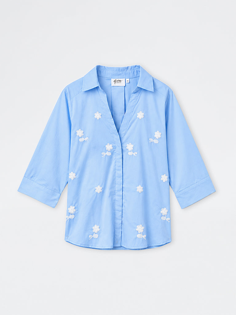 Gia Blue Floral Embroidered Cotton Blouse