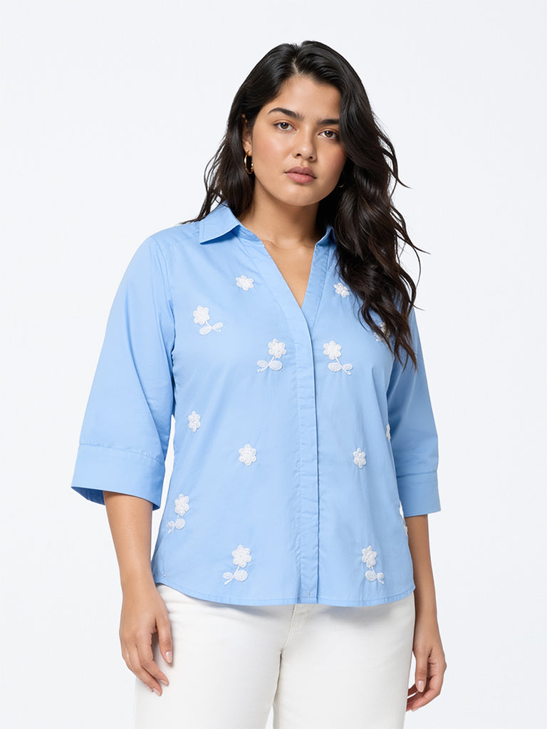 Gia Blue Floral Embroidered Cotton Blouse