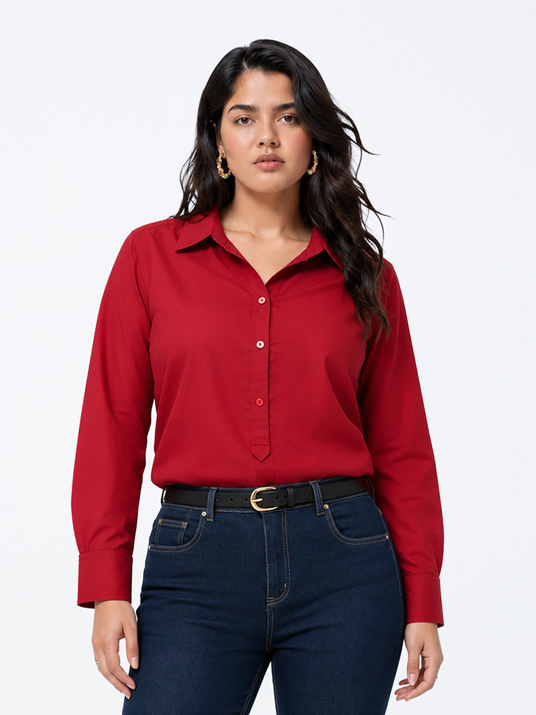 Gia Red Solid Cotton Blouse