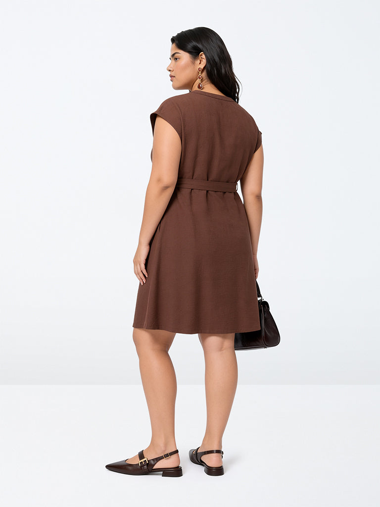 Gia Brown Solid A-Line Dress with Belt