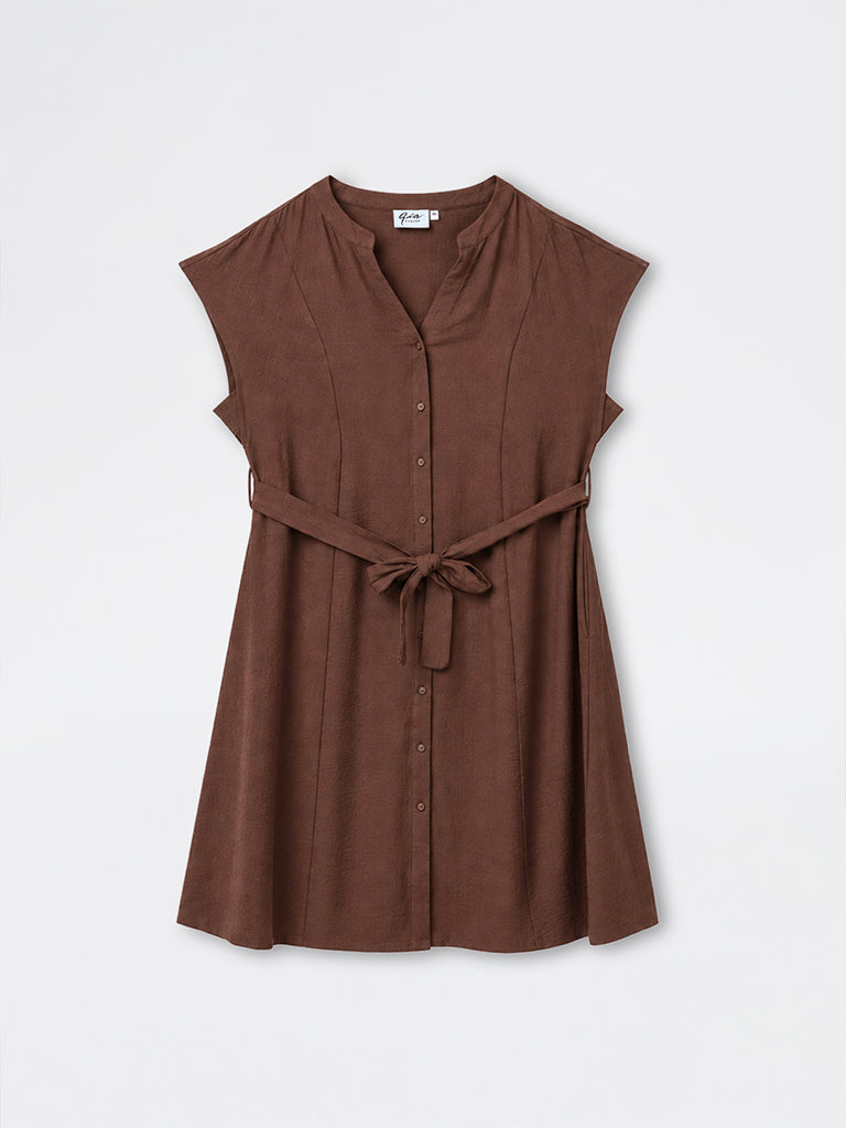 Gia Brown Solid A-Line Dress with Belt