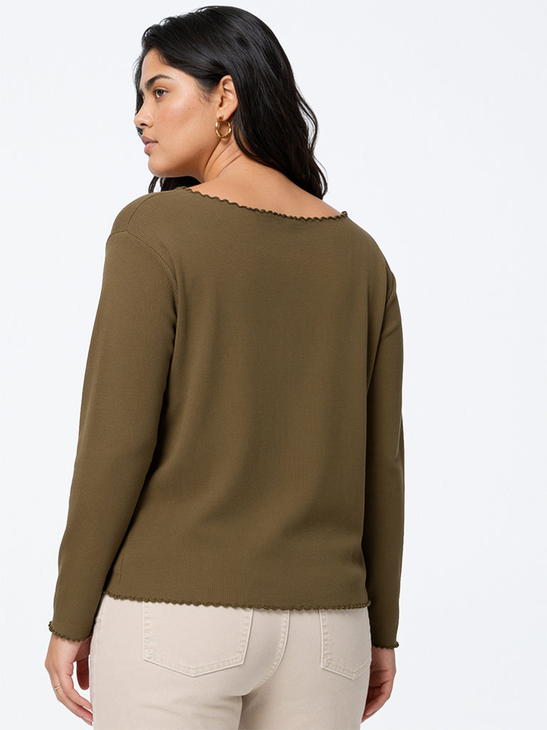 Gia Dark Olive Ribbed Cotton-Blend T-Shirt