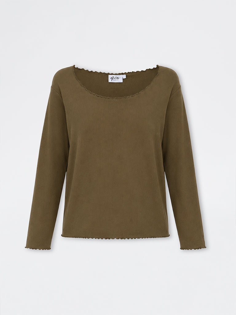 Gia Dark Olive Ribbed Cotton-Blend T-Shirt