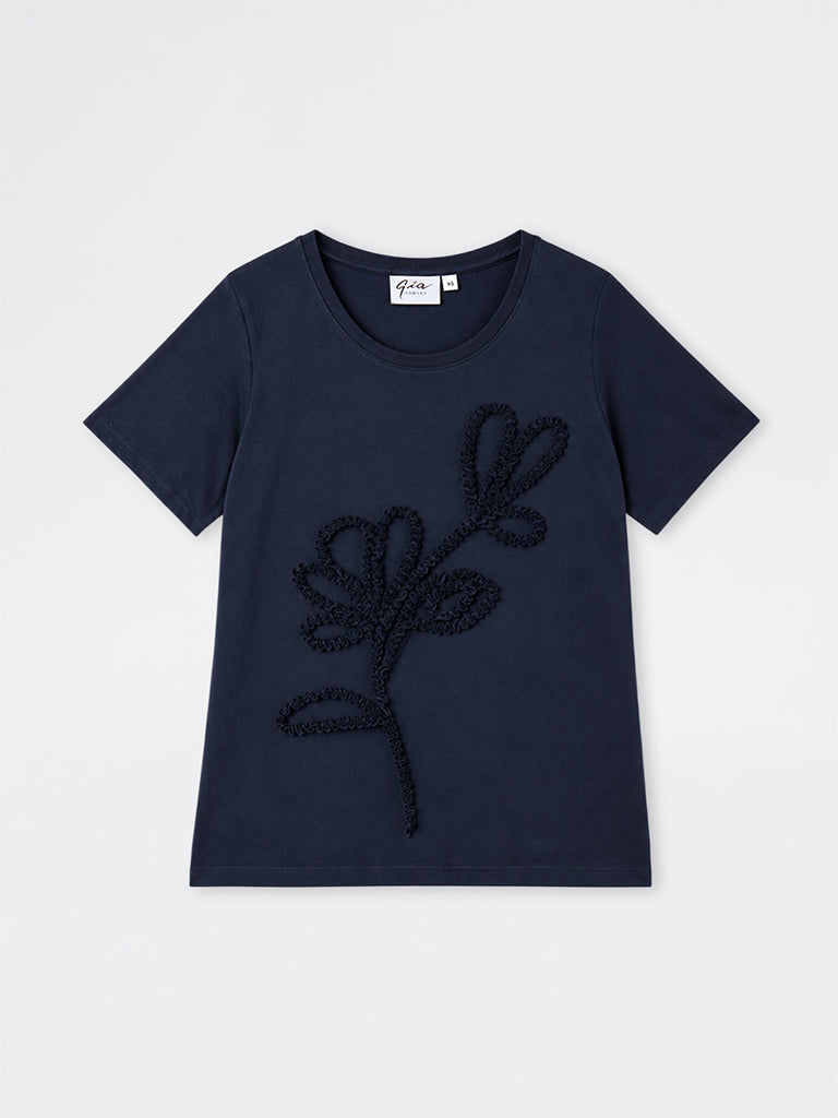 Gia Navy Floral Embroidered Cotton T-Shirt