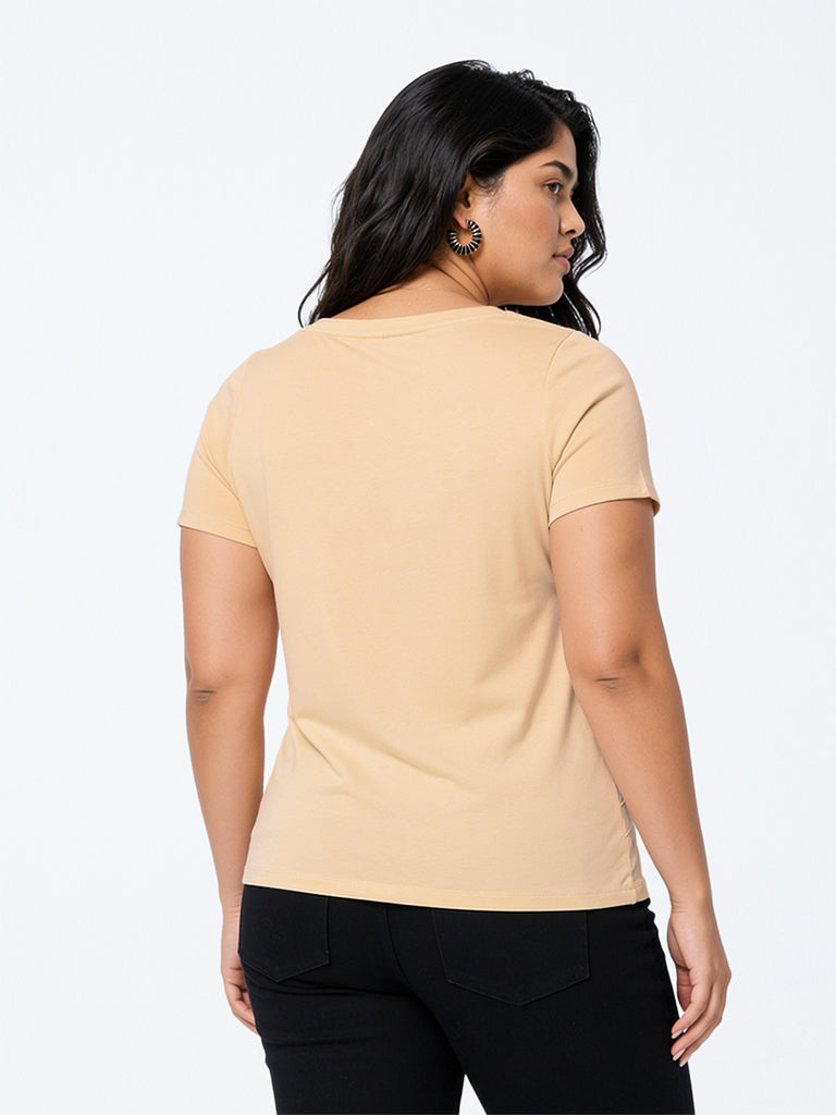 Gia Beige Floral Embroidered Cotton T-Shirt
