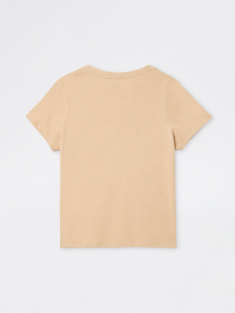 Gia Beige Floral Embroidered Cotton T-Shirt