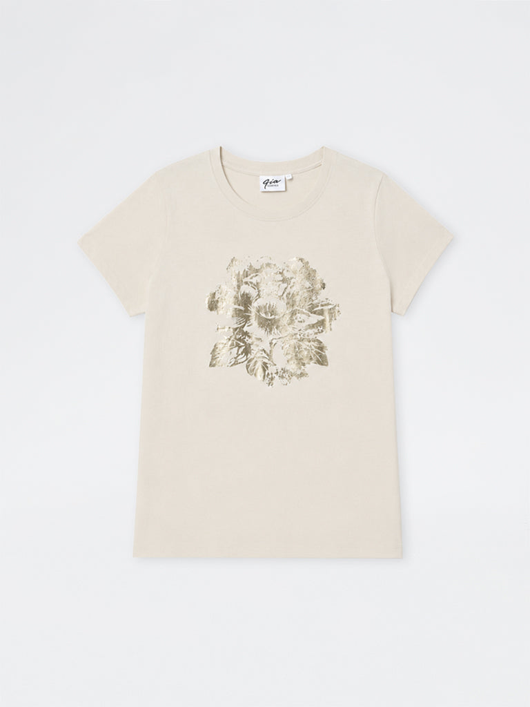 Gia Off-White Floral Printed Cotton T-Shirt