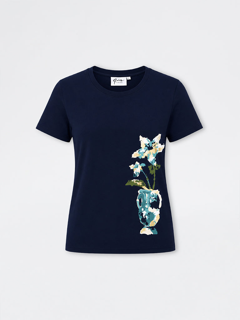 Gia Navy Floral Printed Cotton T-Shirt