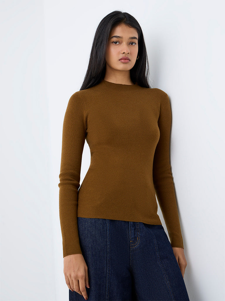 LOV Brown Tie-Up Detail Ribbed Top