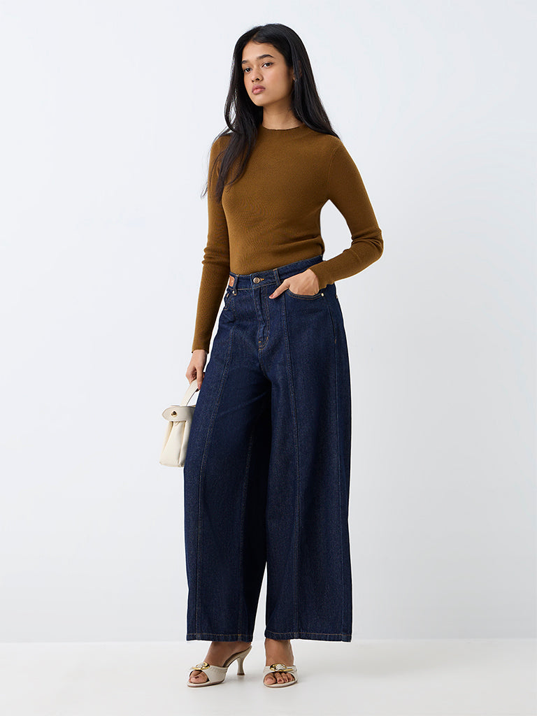 LOV Brown Tie-Up Detail Ribbed Top