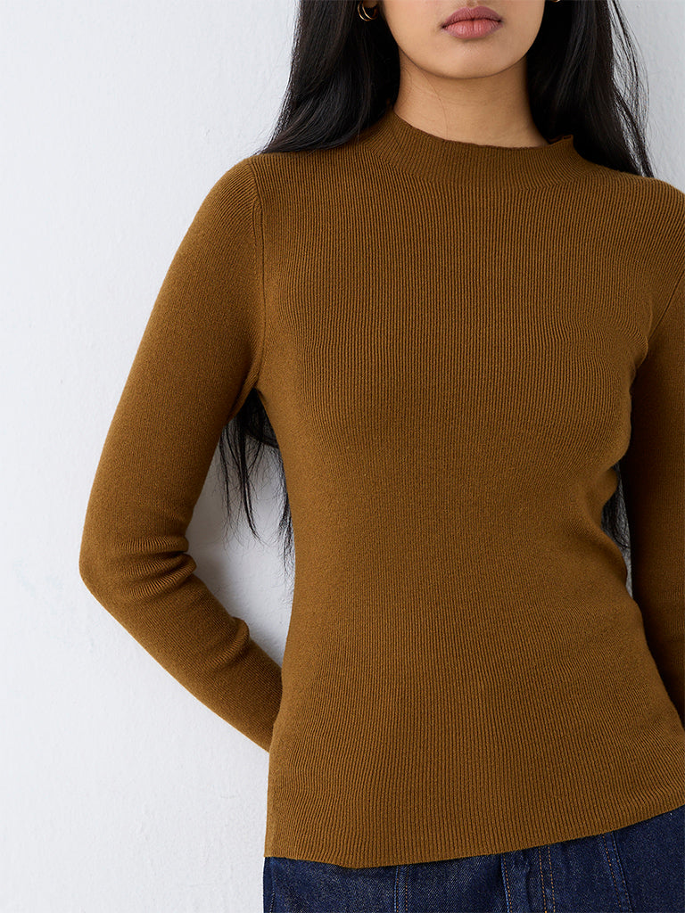 LOV Brown Tie-Up Detail Ribbed Top