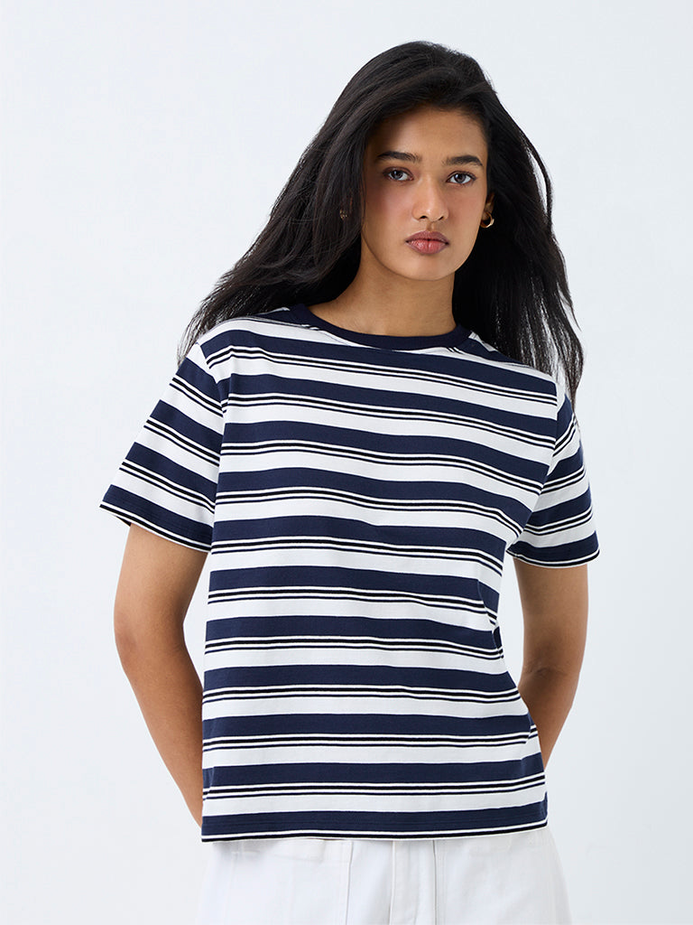 LOV Navy Striped Cotton T-Shirt