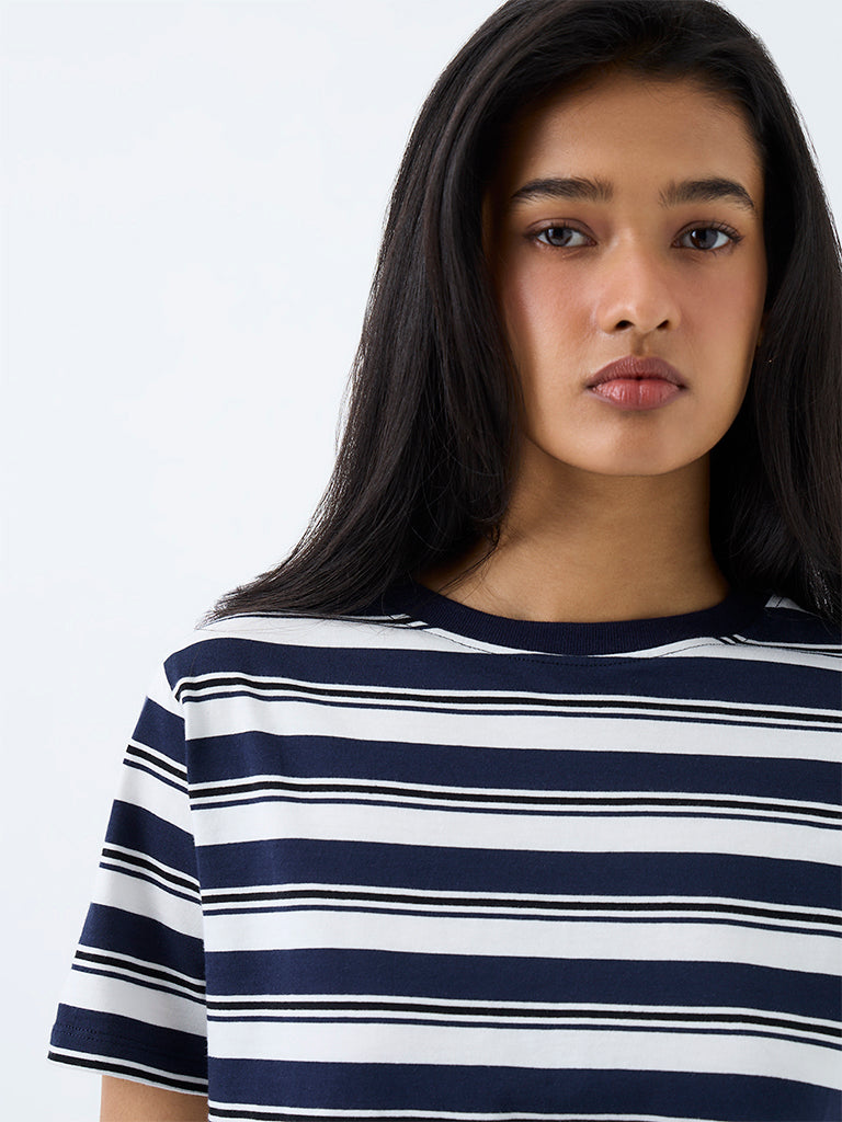 LOV Navy Striped Cotton T-Shirt
