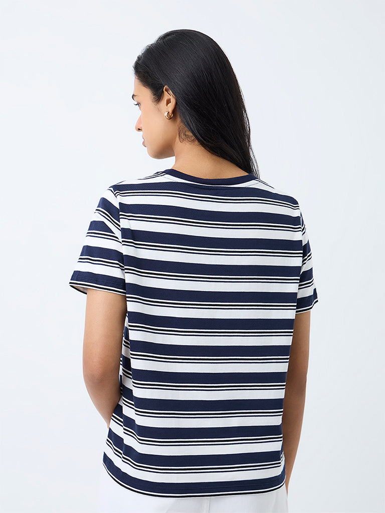 LOV Navy Striped Cotton T-Shirt