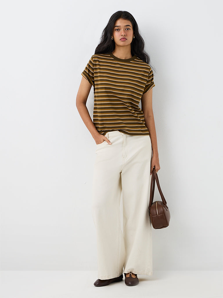 LOV Dark Olive Striped Cotton T-Shirt