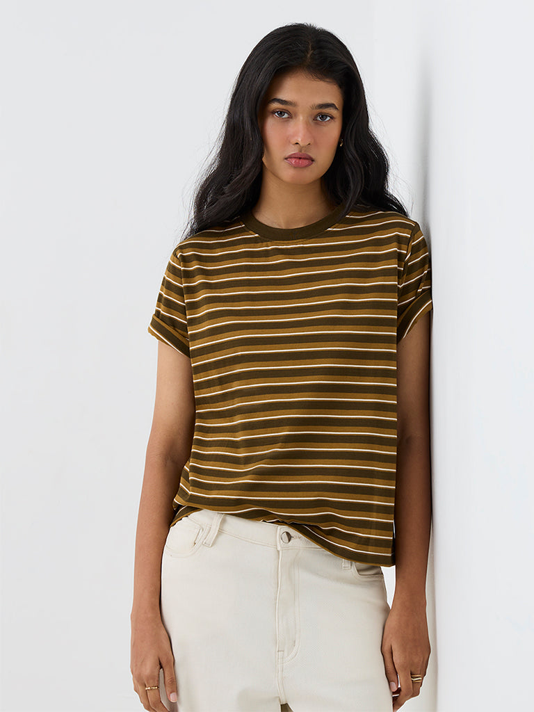 LOV Dark Olive Striped Cotton T-Shirt